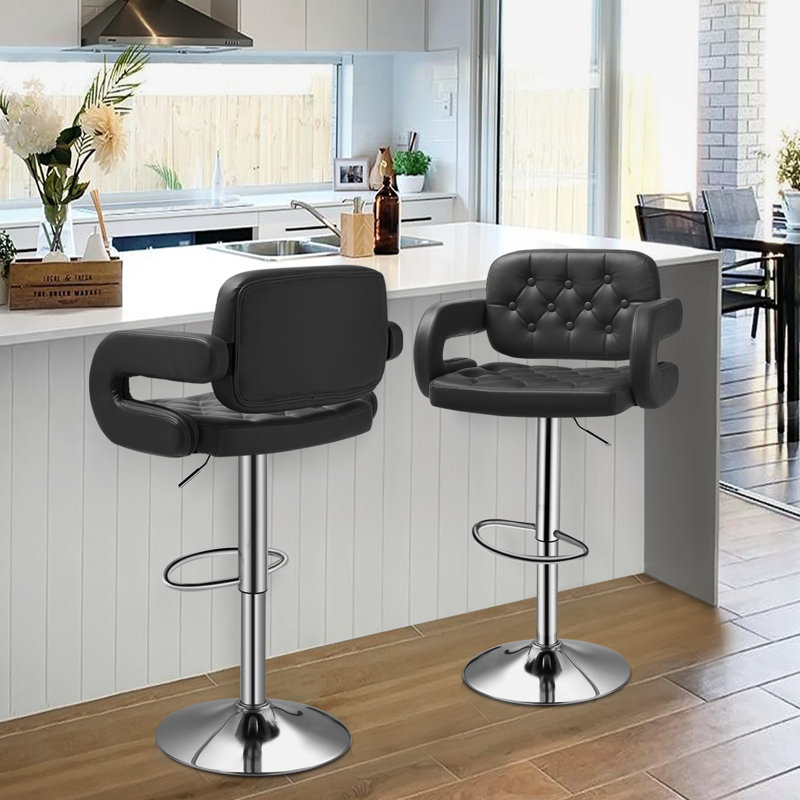 Black Faux Leather Adjustable Swivel Bar Stools with Pedestal Base, Set of 2