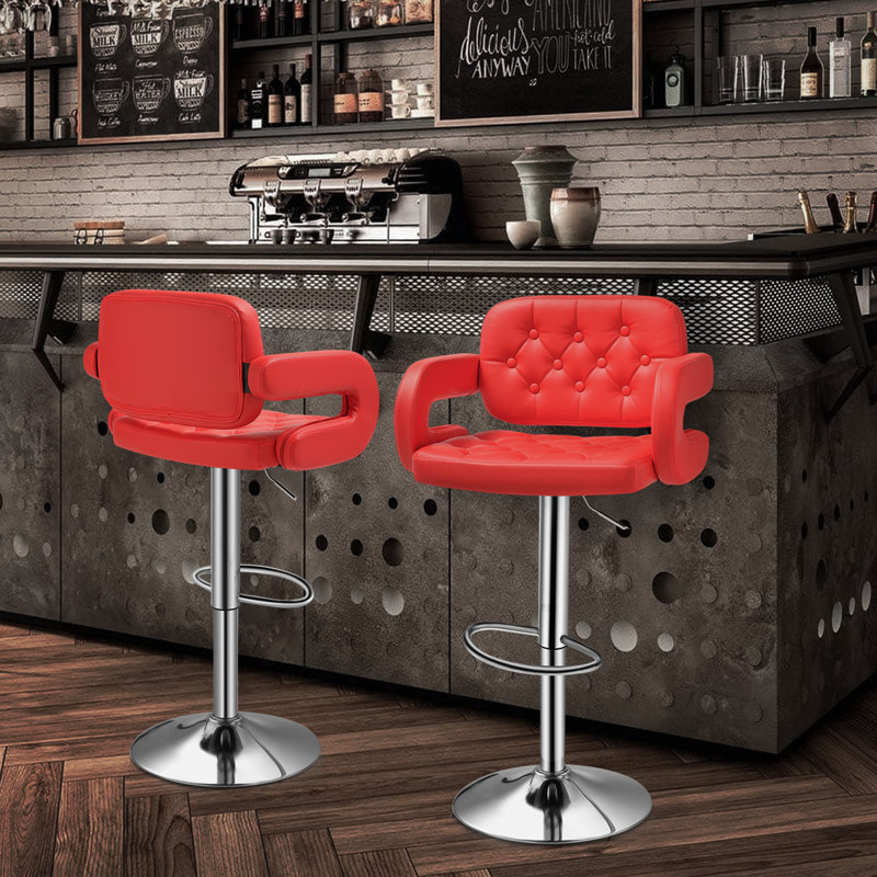 Red Faux Leather Adjustable Swivel Bar Stools with Arms