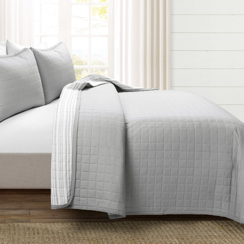 Gray Cotton Full Reversible Quilt Set with Box Stitch