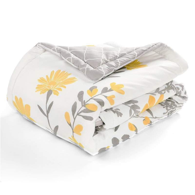 Yellow and Gray Floral Reversible Cotton Throw Blanket