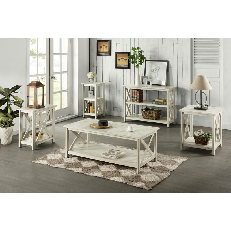 Farmhouse Charm Whitewash Solid Wood Rectangular Side Table