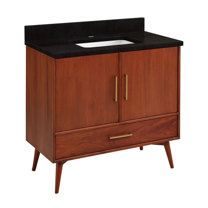 36" Natural Teak Single Bathroom Vanity with White Quartz Top
