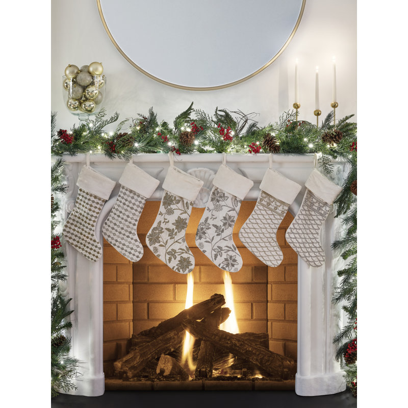 Ivory and Silver Embroidered Poinsettia Christmas Stocking