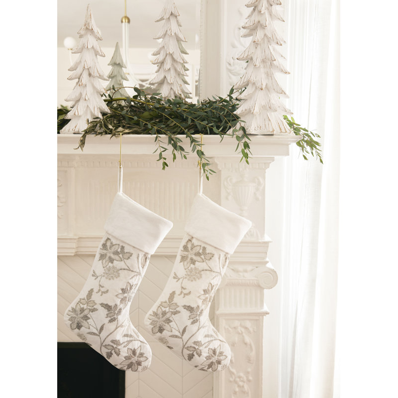 Ivory and Silver Embroidered Poinsettia Christmas Stocking