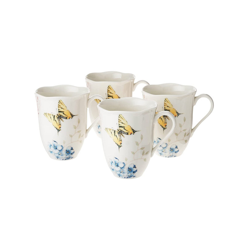 White Ceramic Butterfly and Hydrangea Graphic Detail Mug Set of Four