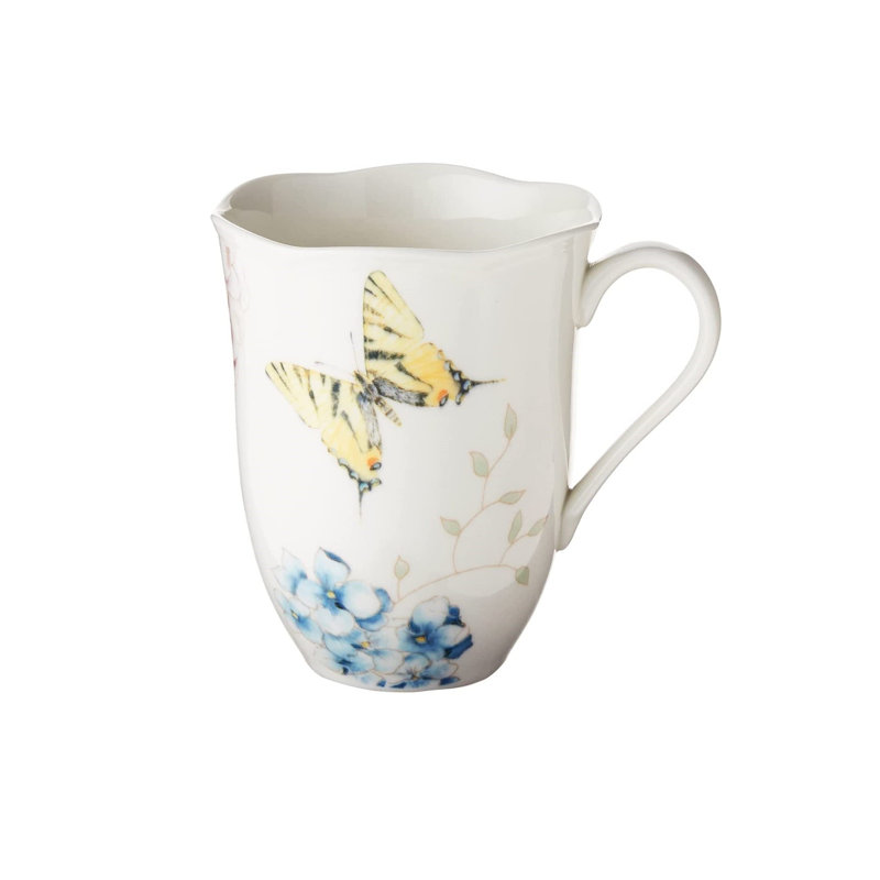 White Ceramic Butterfly and Hydrangea Graphic Detail Mug Set of Four