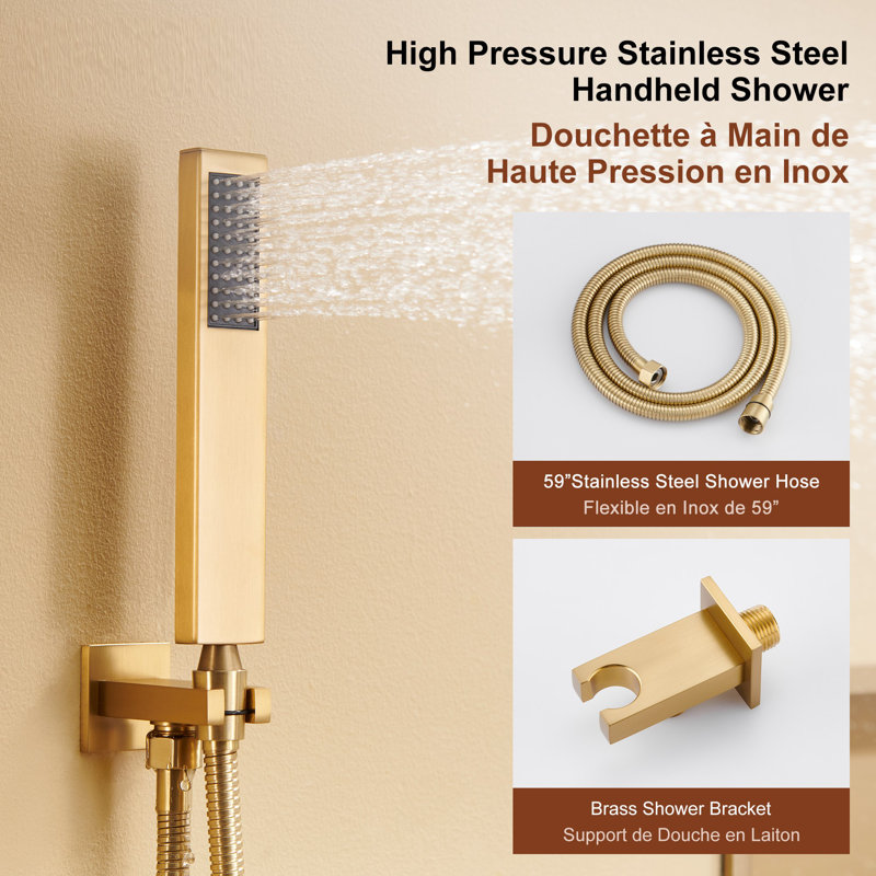 Brushed Gold Wall Mounted Rain Shower System with Handheld and Body Jets