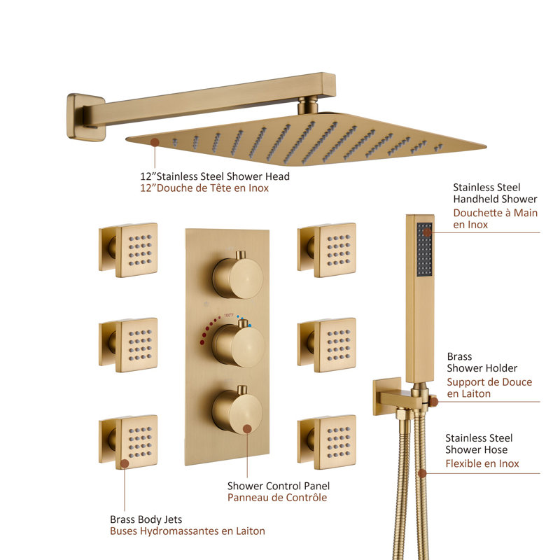 Brushed Gold Wall Mounted Rain Shower System with Handheld and Body Jets