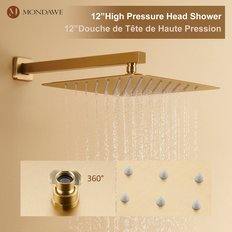 Brushed Gold Wall Mounted Rain Shower System with Handheld and Body Jets