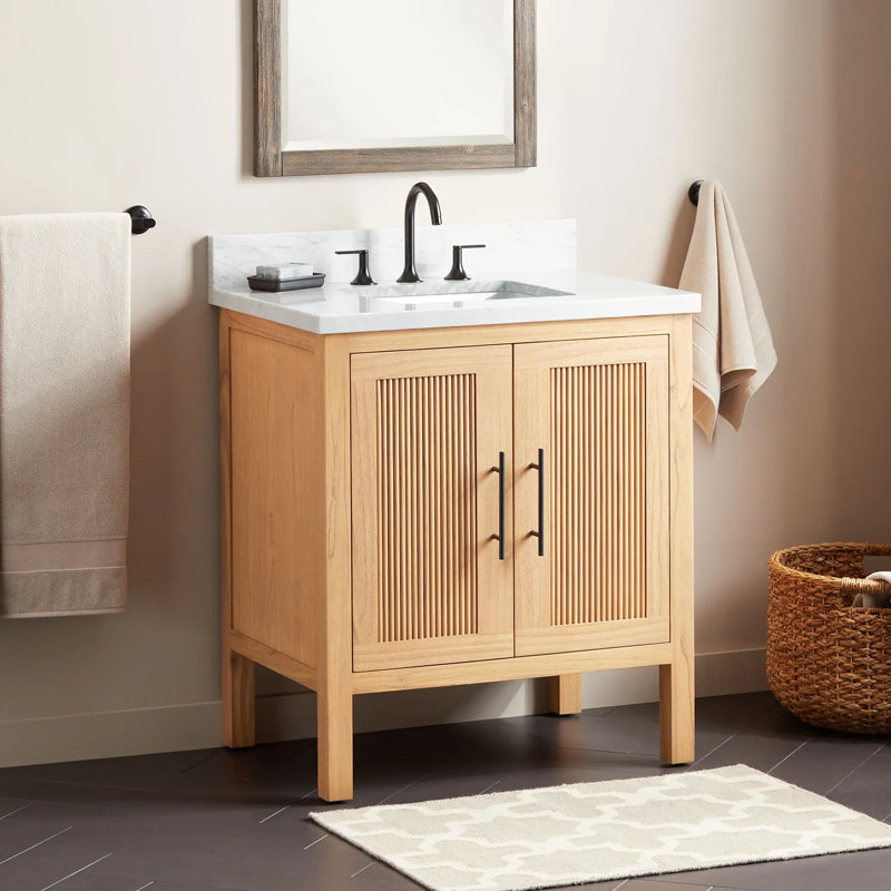 Ayanna 31" Natural Wood Single Bathroom Vanity with Matte Black Handles