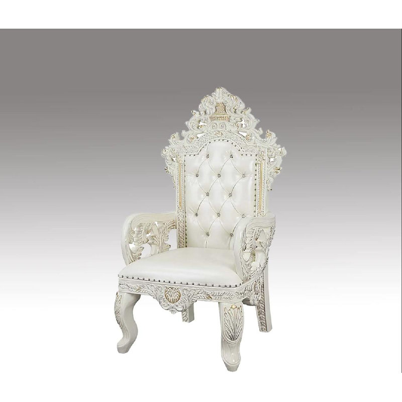 High-Back Tufted White Faux Leather & Wood Armchair Set