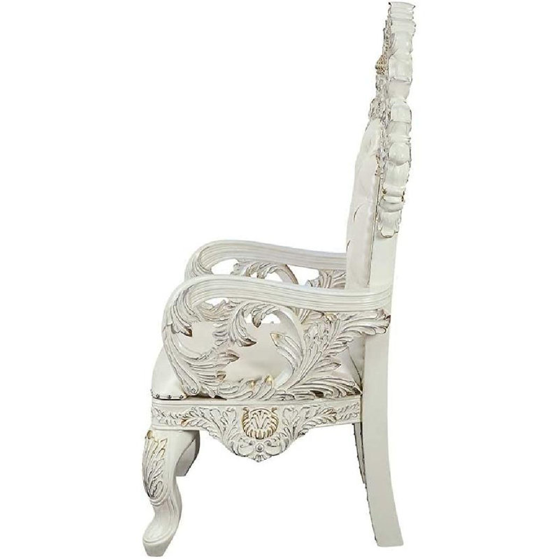 High-Back Tufted White Faux Leather & Wood Armchair Set