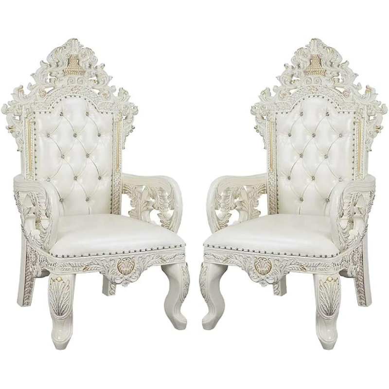 High-Back Tufted White Faux Leather & Wood Armchair Set