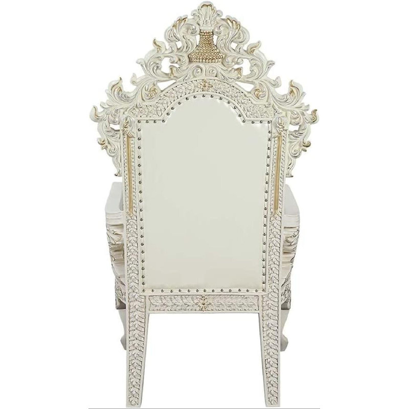 High-Back Tufted White Faux Leather & Wood Armchair Set