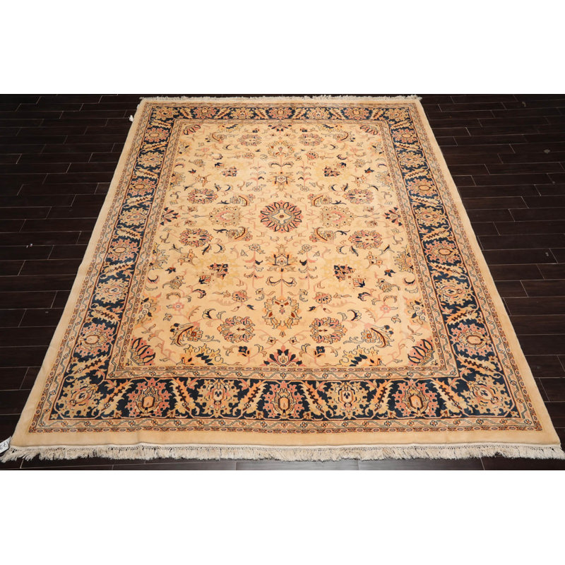 Hand-Knotted Blue and Beige Floral Wool Rug, 9' x 12'