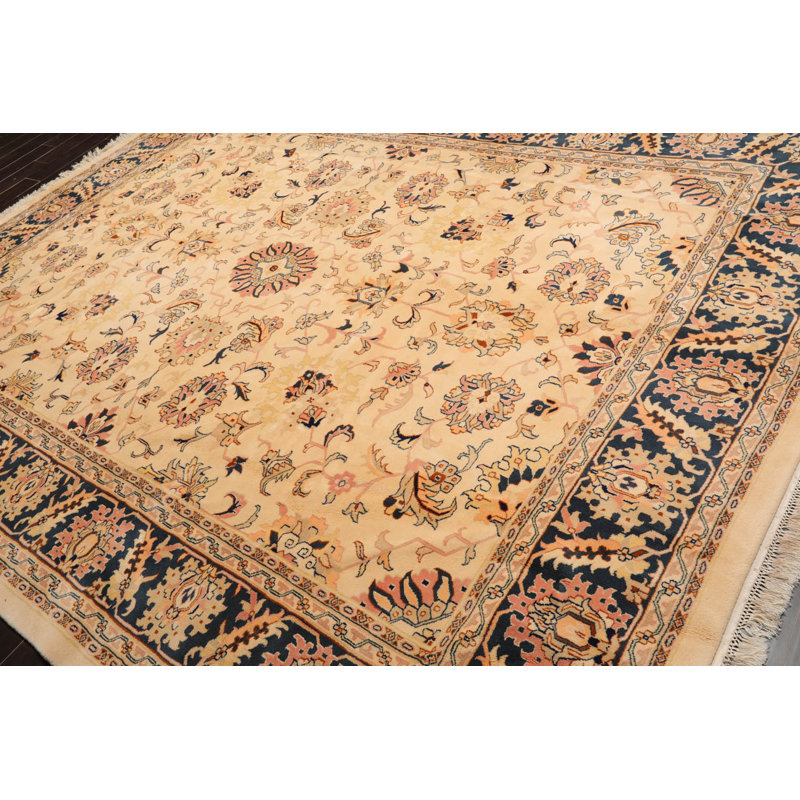 Hand-Knotted Blue and Beige Floral Wool Rug, 9' x 12'