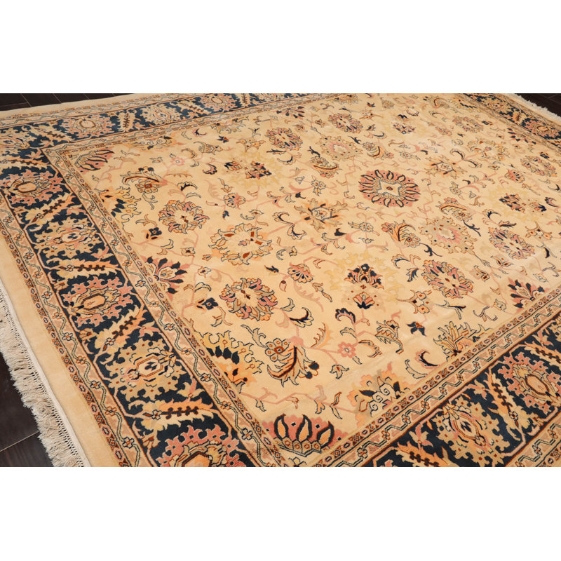 Hand-Knotted Blue and Beige Floral Wool Rug, 9' x 12'