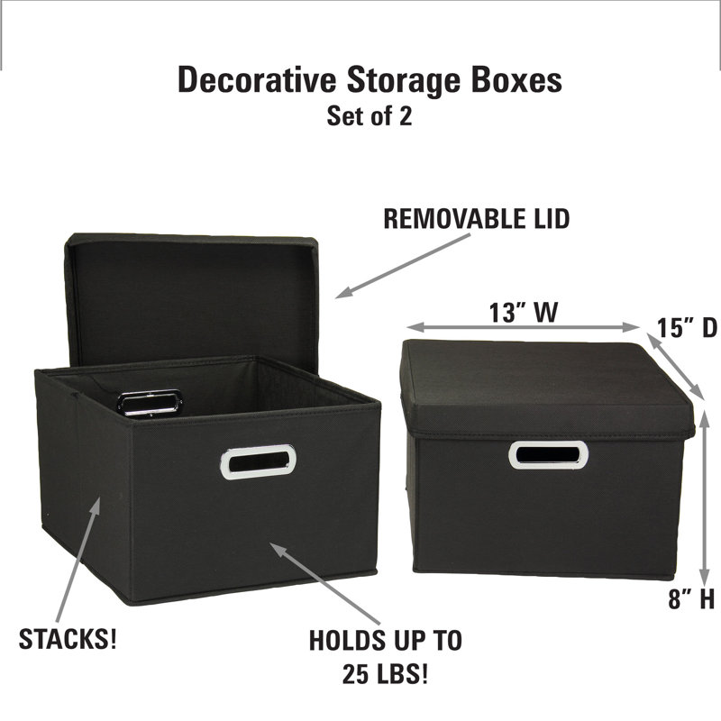 Chic Black Fabric Nested Storage Boxes with Lids, 2-Piece Set