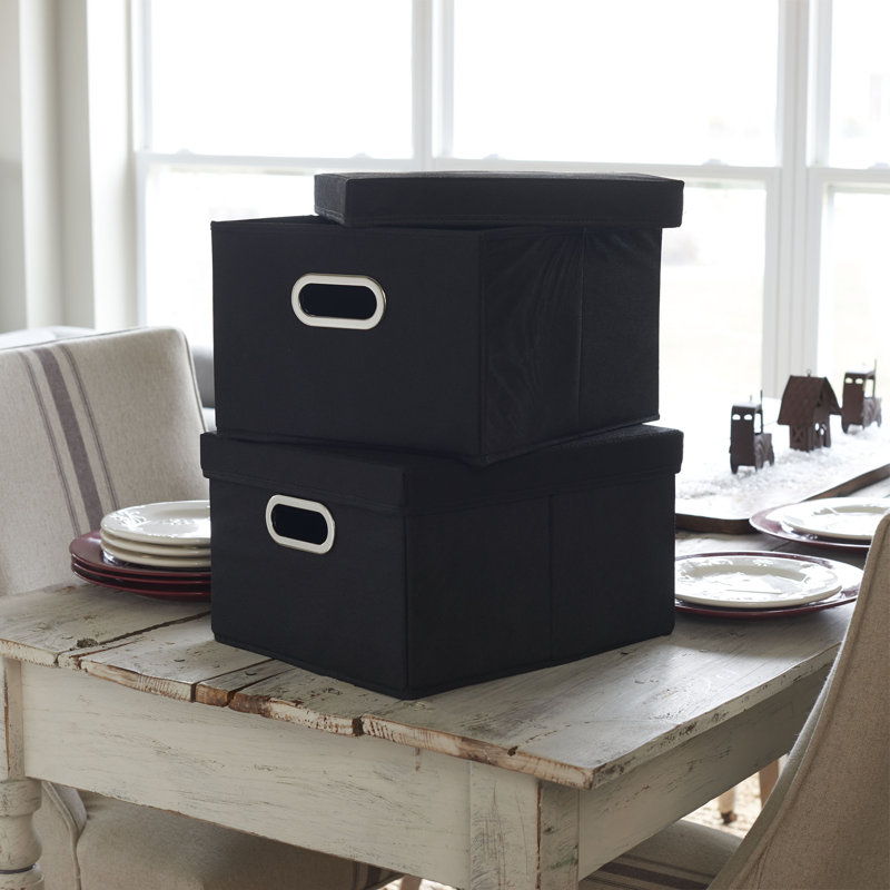 Chic Black Fabric Nested Storage Boxes with Lids, 2-Piece Set