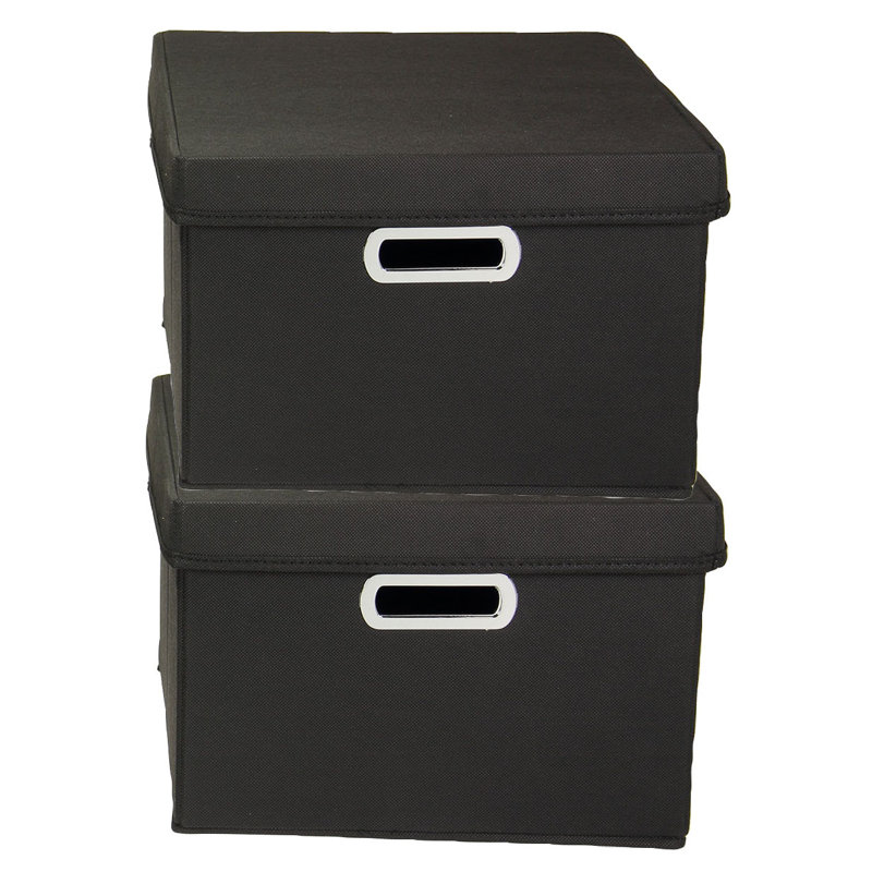 Chic Black Fabric Nested Storage Boxes with Lids, 2-Piece Set