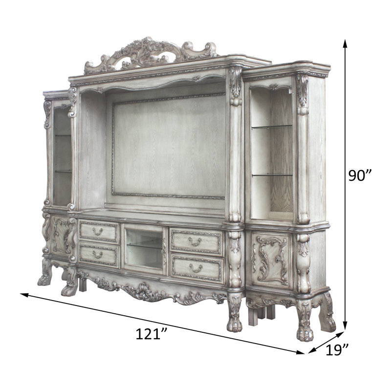 Dresden Vintage Bone White Carved Scrollwork Entertainment Center