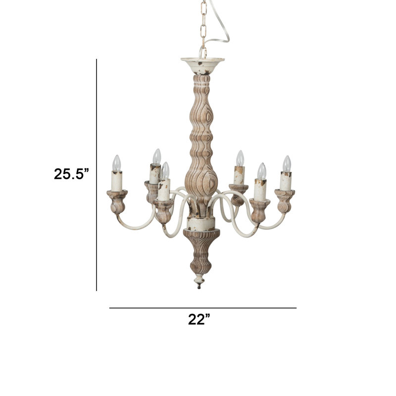 Distressed White and Natural Wood 6-Light Classic Chandelier