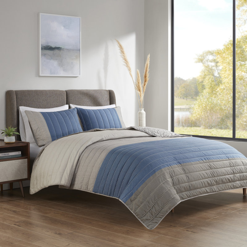 Blue and Taupe Reversible Microfiber Full Quilt Set