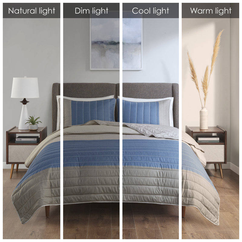 Blue and Taupe Reversible Microfiber Full Quilt Set