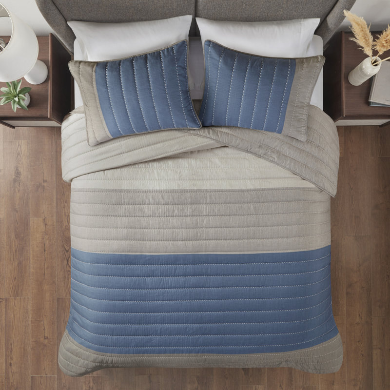 Blue and Taupe Reversible Microfiber Full Quilt Set