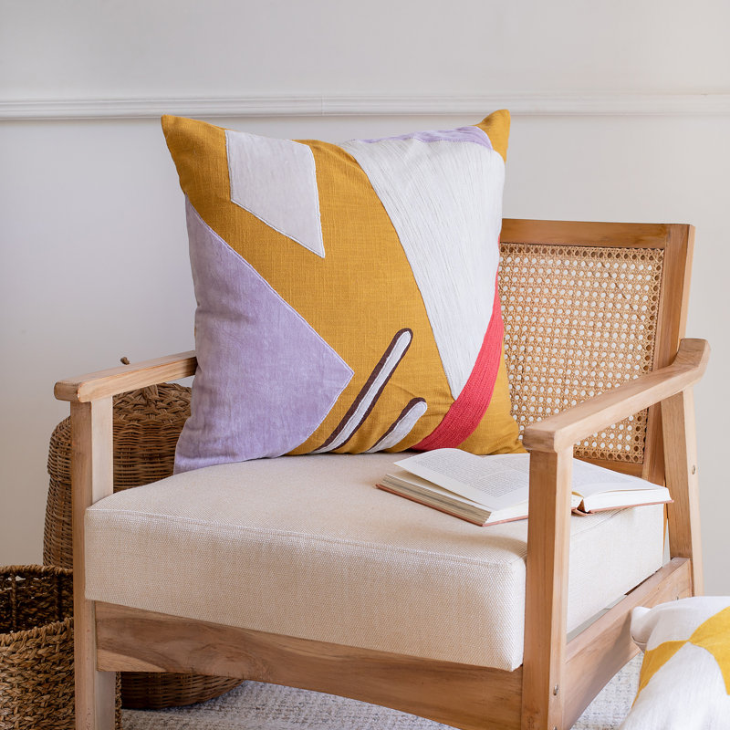 Yellow and Multicolor Cotton Embroidered Square Throw Pillow