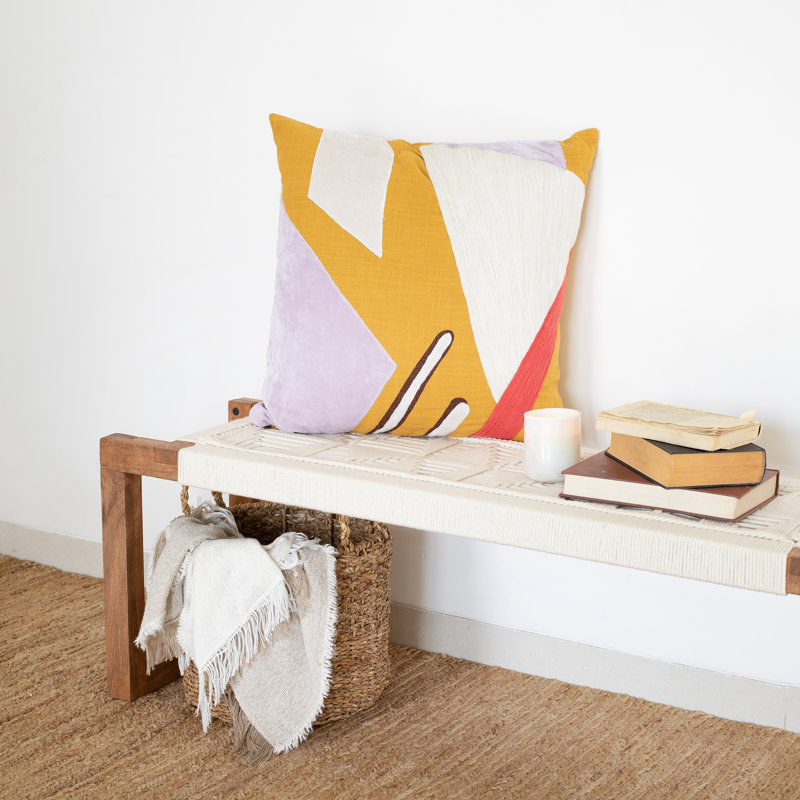 Yellow and Multicolor Cotton Embroidered Square Throw Pillow