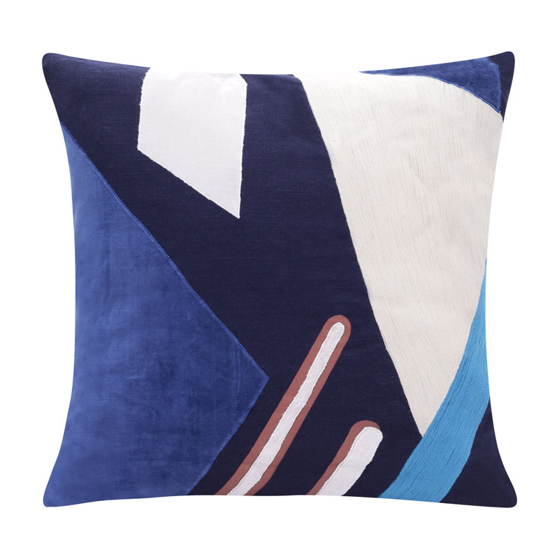 Blue and Multicolor Cotton Embroidered Square Throw Pillow