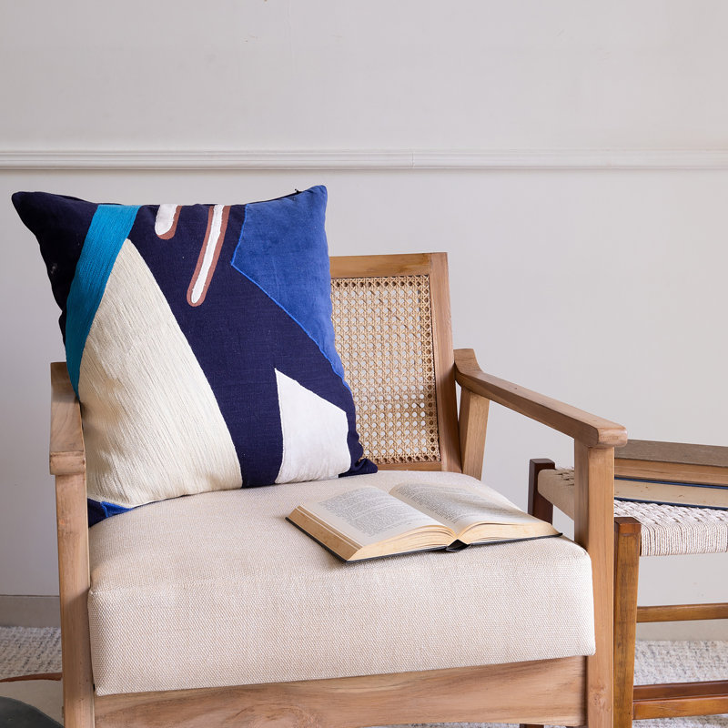 Blue and Multicolor Cotton Embroidered Square Throw Pillow
