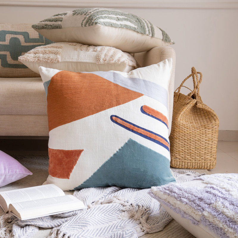 Blue and Multicolor Cotton Embroidered Square Throw Pillow