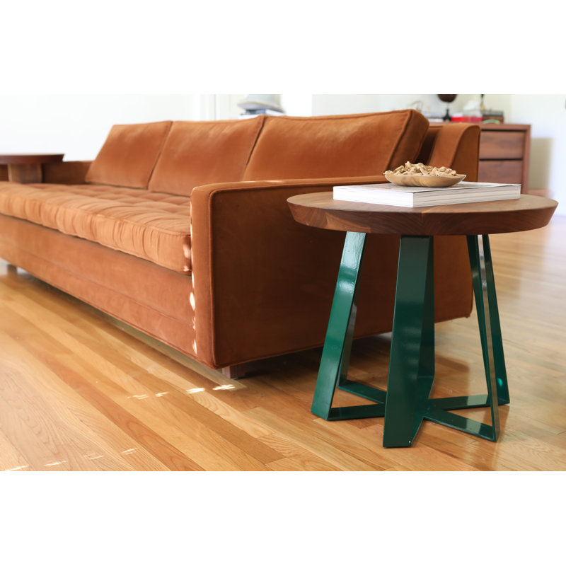 Oak and Red Round Pedestal End Table with Metal Base