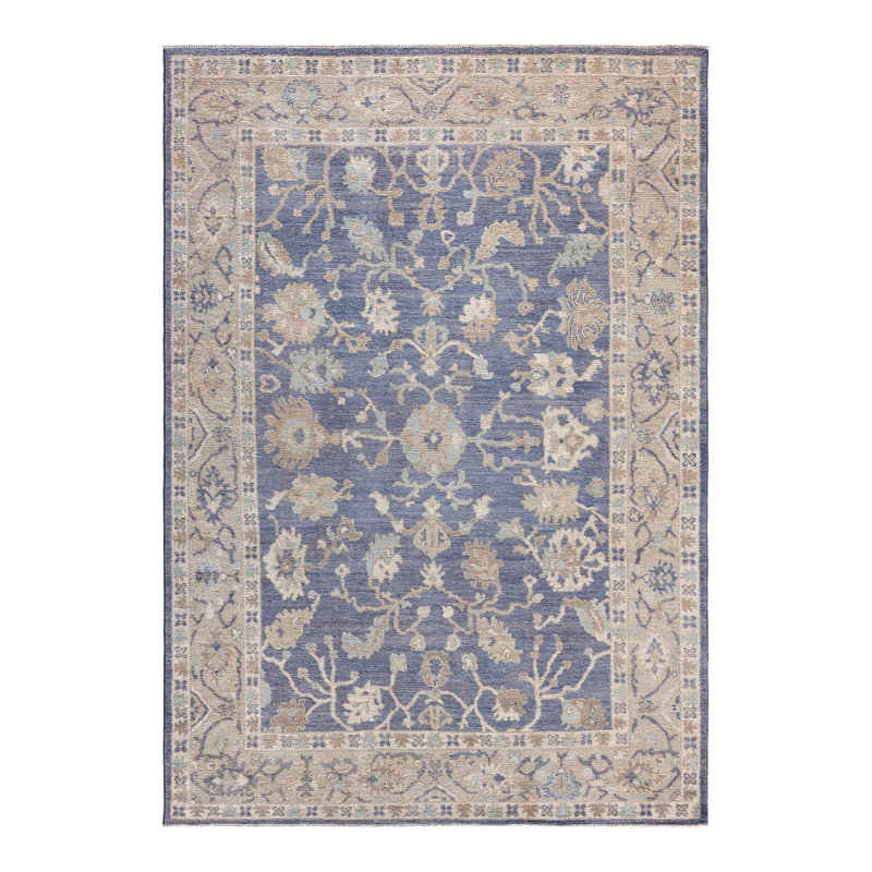 Hand-Knotted 8' x 10' Gray Wool Area Rug with Geometric Floral Motif