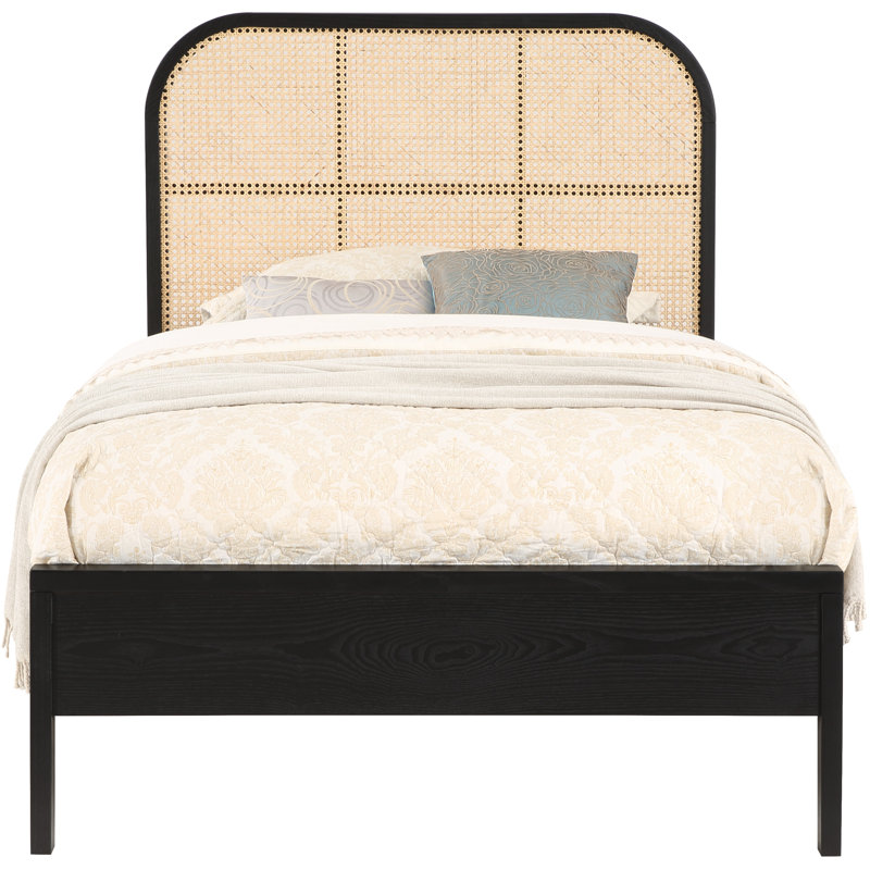Black Ash Wood Twin Bed with Cane Headboard