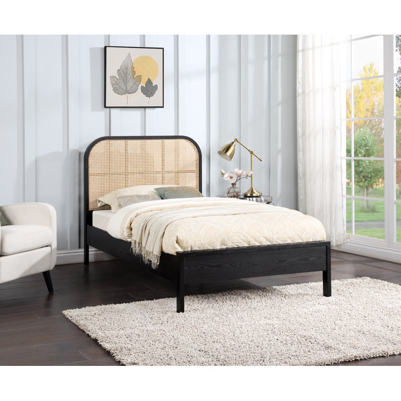 Black Ash Wood Twin Bed with Cane Headboard