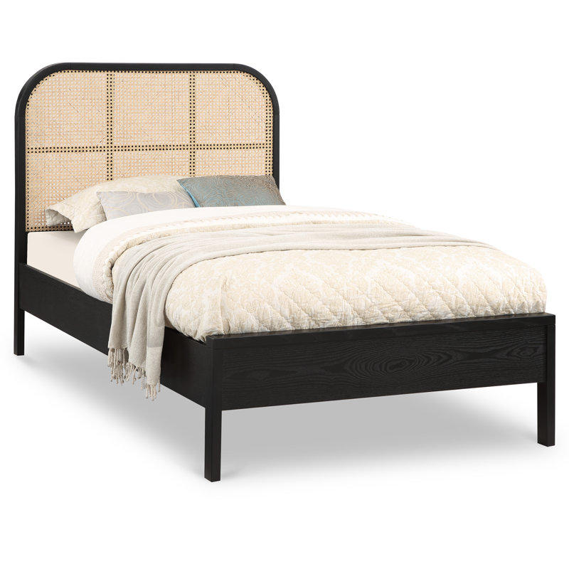 Black Ash Wood Twin Bed with Cane Headboard