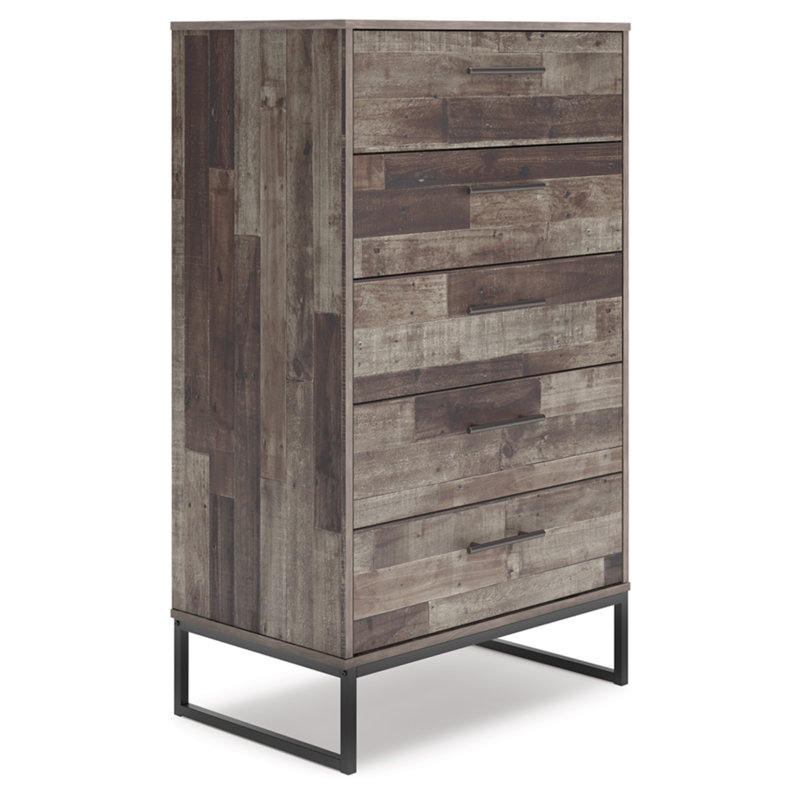 Transitional Neilsville 5-Drawer Chest in Beige/Black with Rustic Finish