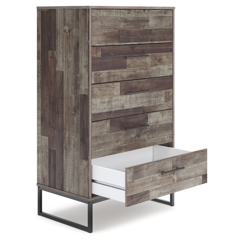 Transitional Neilsville 5-Drawer Chest in Beige/Black with Rustic Finish