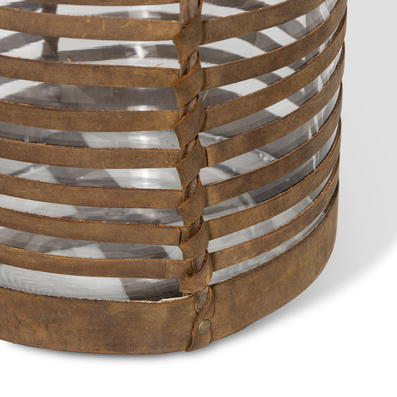 Finn 18.5" Tall Woven Leather Base Glass Hurricane