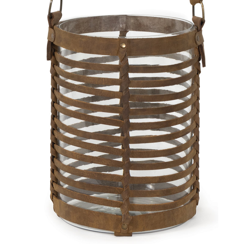 Finn 18.5" Tall Woven Leather Base Glass Hurricane