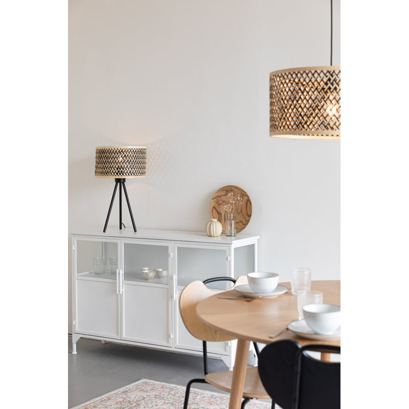 Black Metal Tripod Lamp with Beige Bamboo Shade