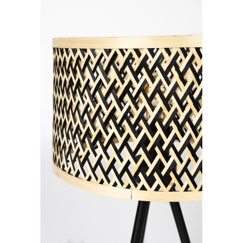 Black Metal Tripod Lamp with Beige Bamboo Shade