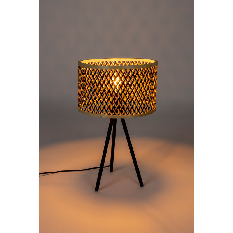 Black Metal Tripod Lamp with Beige Bamboo Shade