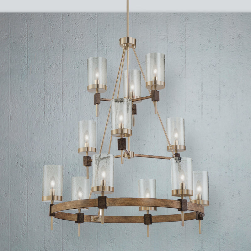 Stone Grey and Brushed Nickel 12-Light Chandelier with Clear Seedy Glass