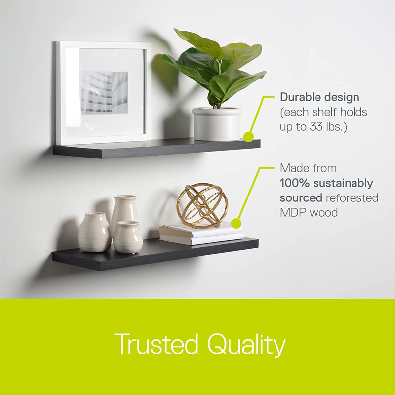 Black Wood Ultra Slim Floating Wall Shelves, 24" Set of 2