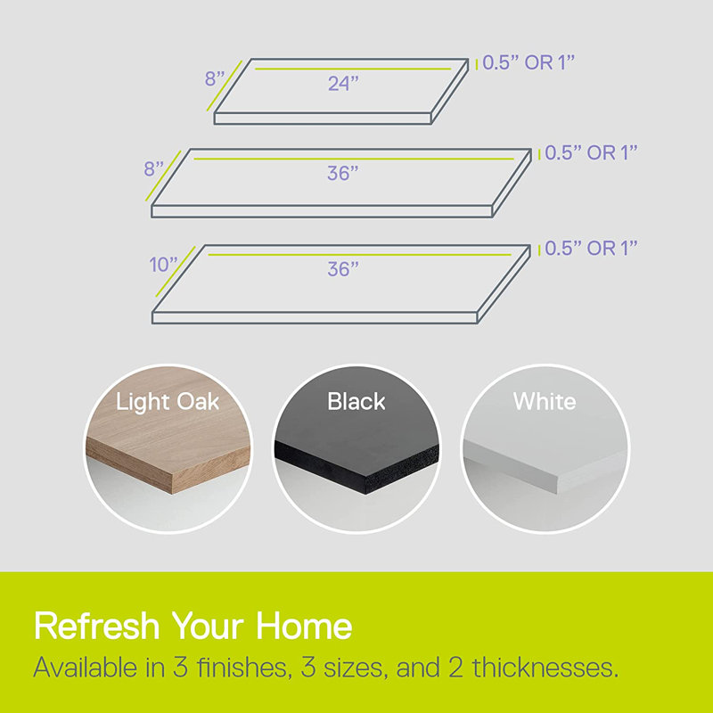Black Wood Ultra Slim Floating Wall Shelves, 24" Set of 2