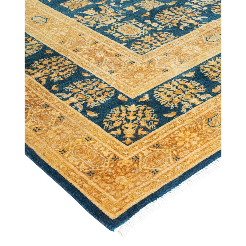Hand-Knotted Blue and Gold Wool Area Rug 6' 2" x 8' 8"